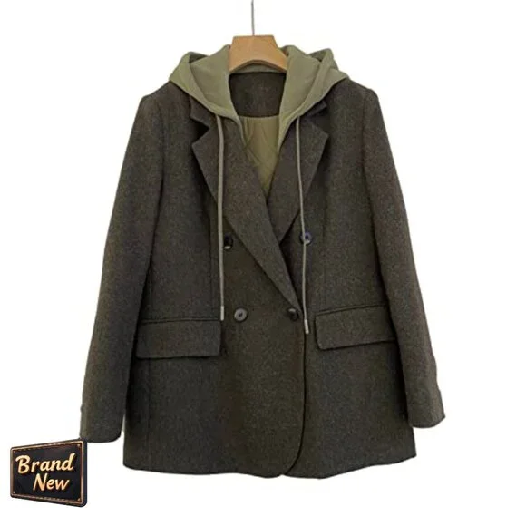 Oversized Hooded Blazer Jacket, Wool Blend, Double-Breasted, Work Office